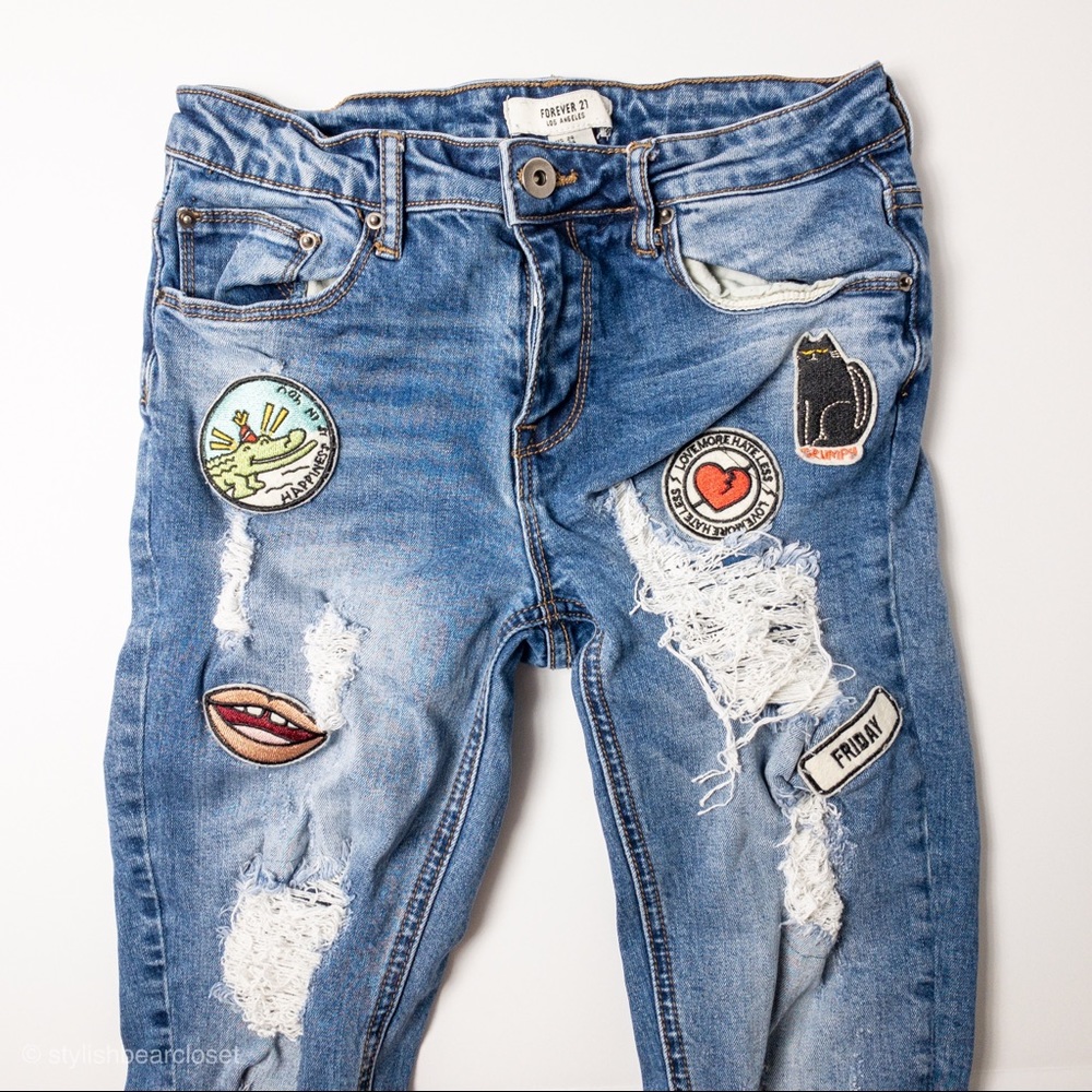 Forever 21 Distressed Skinny Jeans with Patches - Picture 1 of 5